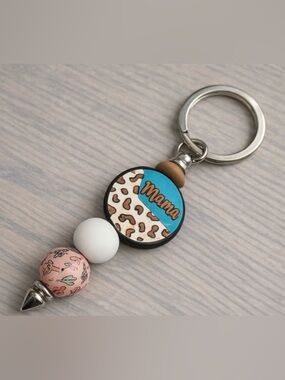 Mama Leopard Print Blue & Pink Beaded Keychain